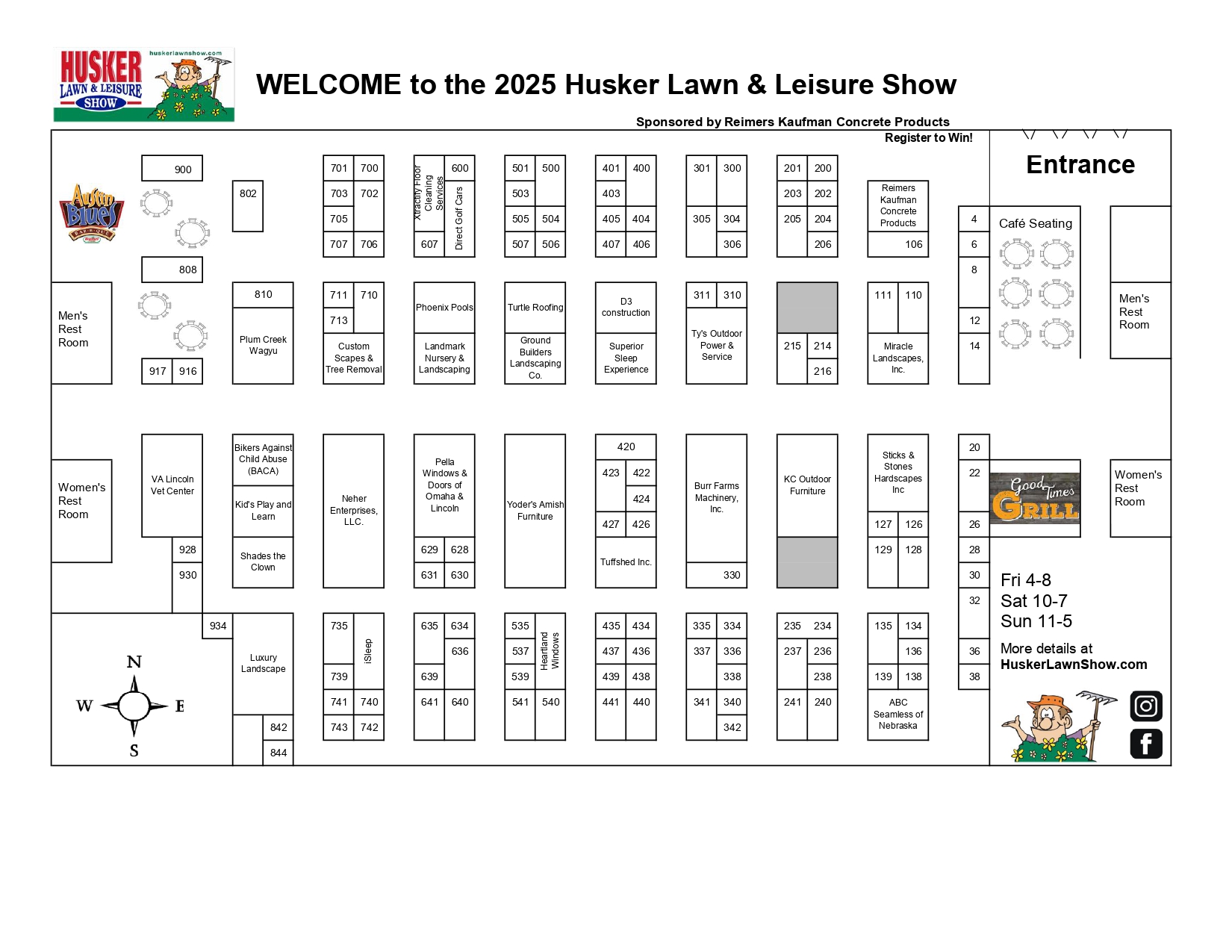 Map layout for the 2025 Husker Lawn & Leisure Show, displaying vendor locations, restrooms, and food areas. Relevant for event navigation.
